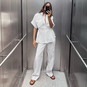 White Women's blouse and pant linen set